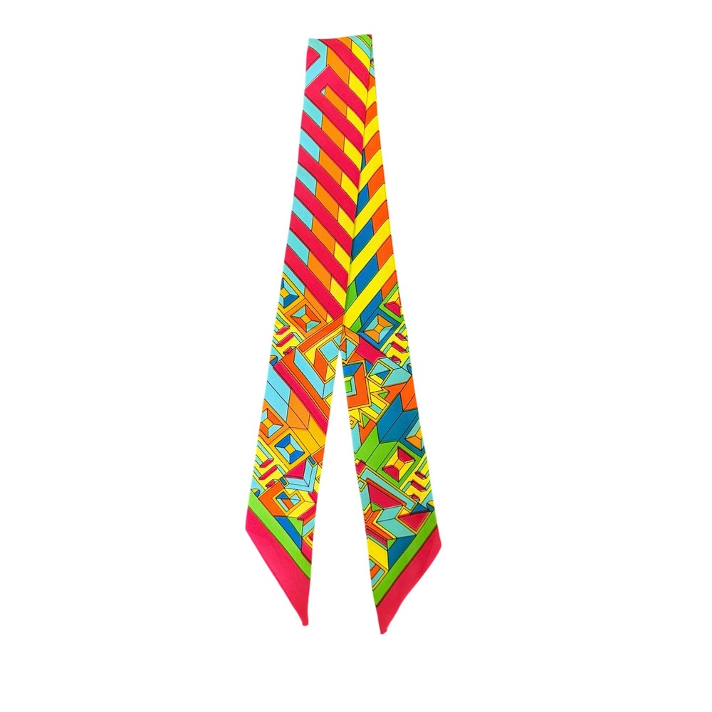 Silk Twilly Scarf Made in France Geometric Multi Color Skinny Neck Tie